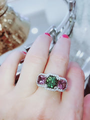 Green tourmaline and Violet spinel  Trilogy Diamond Halo ring