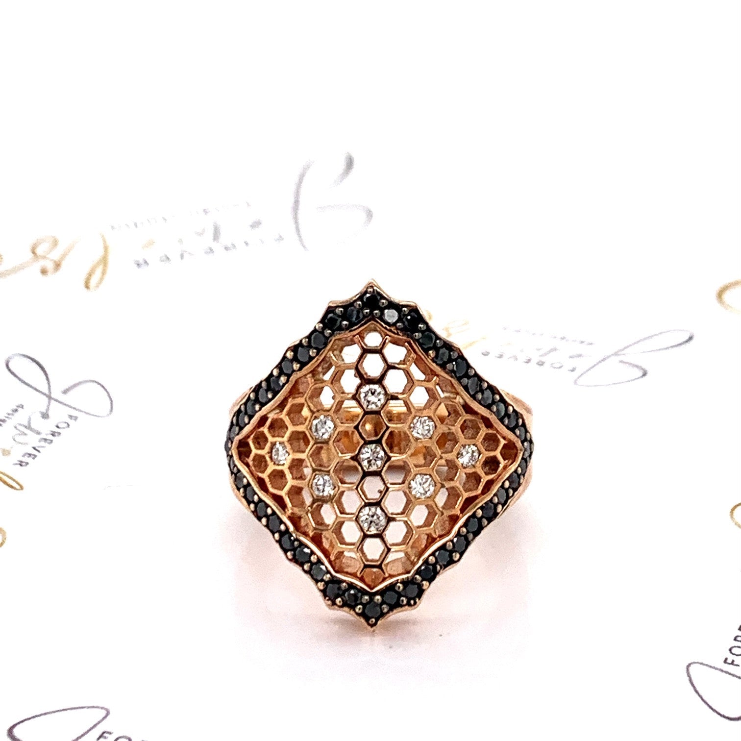 Rose Gold Honeycomb Black and White Diamond Dress Ring - ForeverJewels Design Studio 8