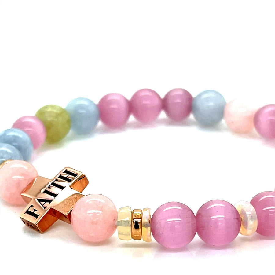 Stretchy Rose gold Cross opal, pink Cats eye Morganite and Jade Bracelet - ForeverJewels Design Studio 8