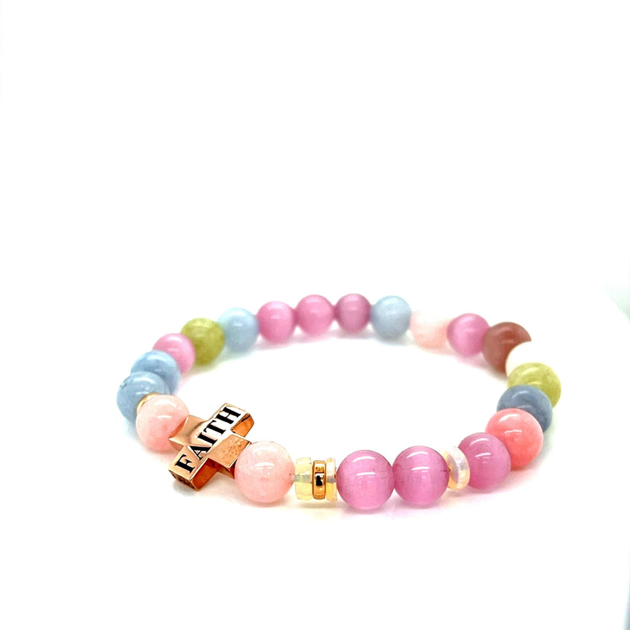 Stretchy Rose gold Cross opal, pink Cats eye Morganite and Jade Bracelet - ForeverJewels Design Studio 8