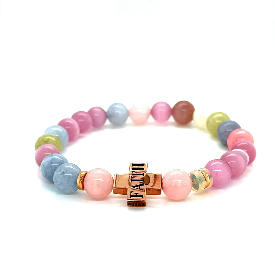 Stretchy Rose gold Cross opal, pink Cats eye Morganite and Jade Bracelet - ForeverJewels Design Studio 8