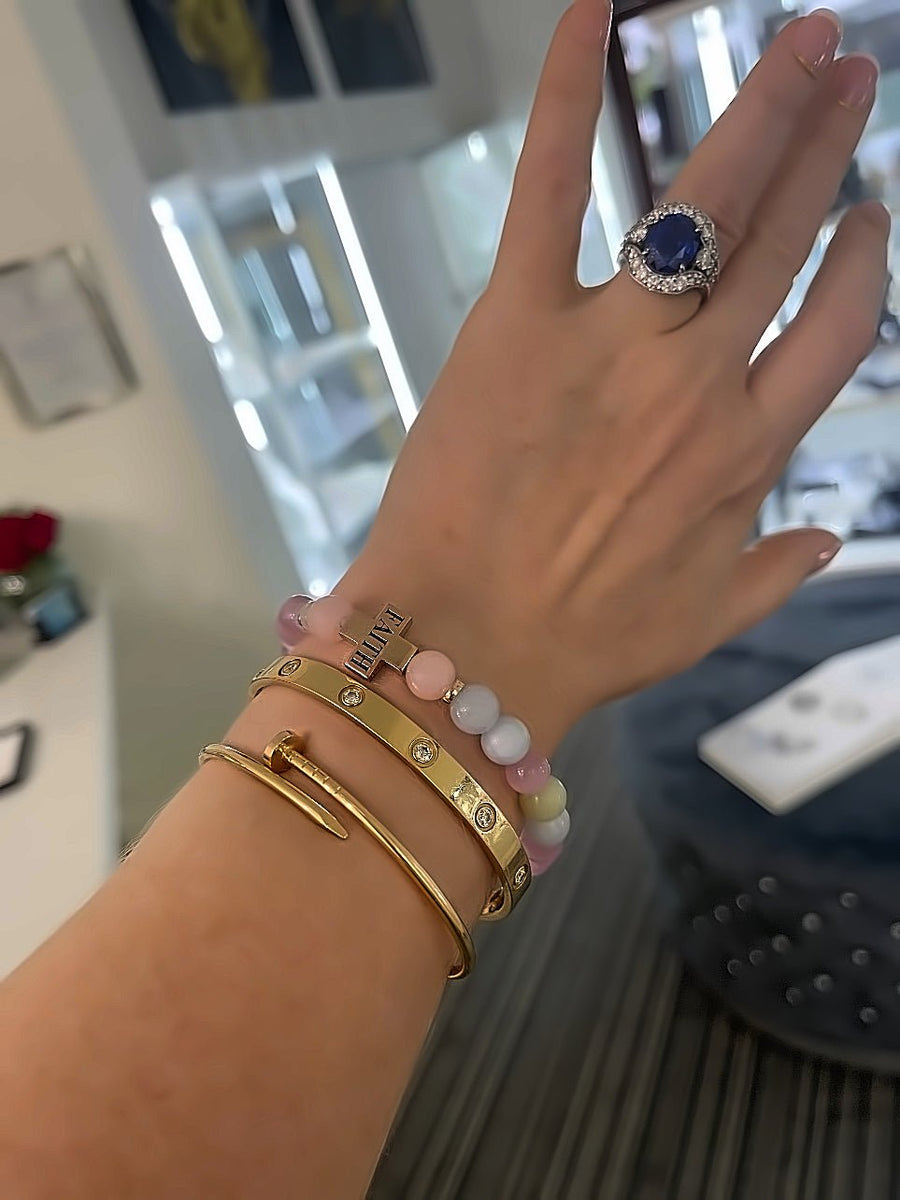 Stretchy Rose gold Cross opal, pink Cats eye Morganite and Jade Bracelet - ForeverJewels Design Studio 8