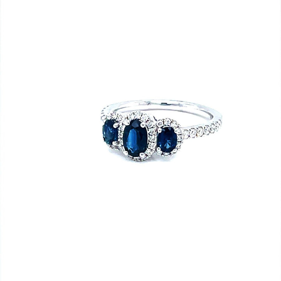 Trilogy blue Sapphires and Diamond halo Ring - ForeverJewels Design Studio 8