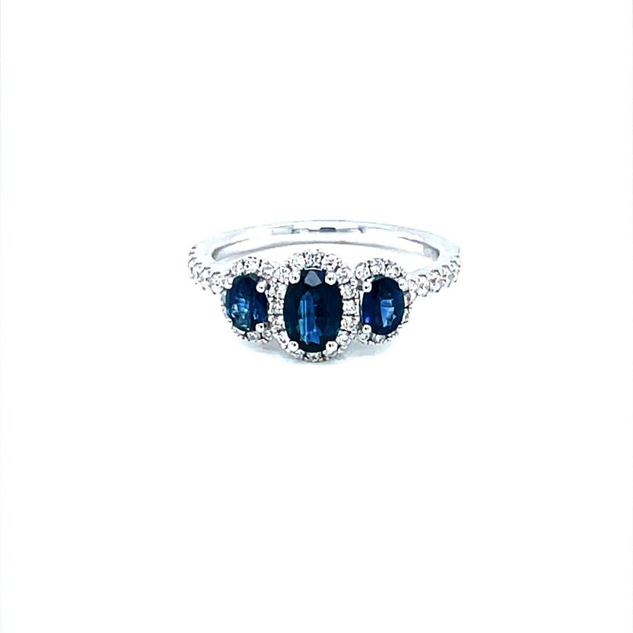 Trilogy blue Sapphires and Diamond halo Ring - ForeverJewels Design Studio 8