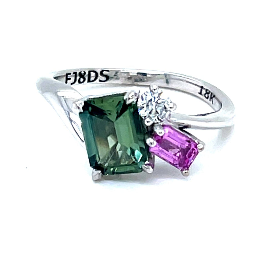 Trilogy Pink and Green Sapphire Diamond Ring - ForeverJewels Design Studio 8