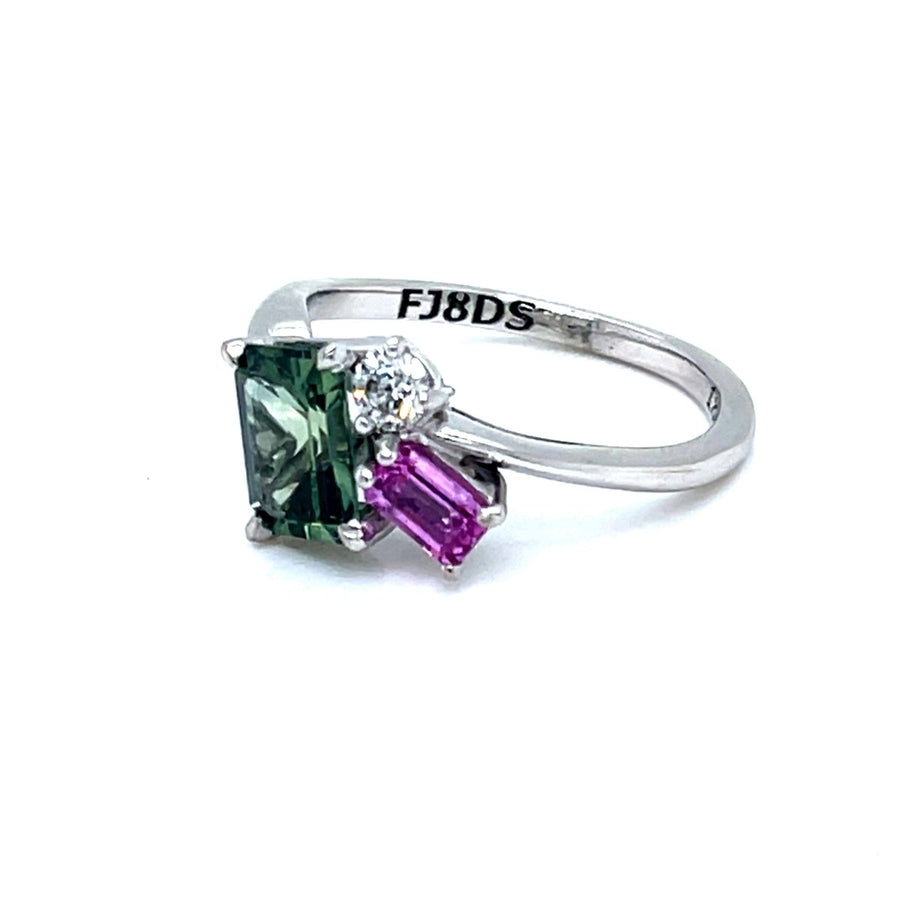 Trilogy Pink and Green Sapphire Diamond Ring - ForeverJewels Design Studio 8