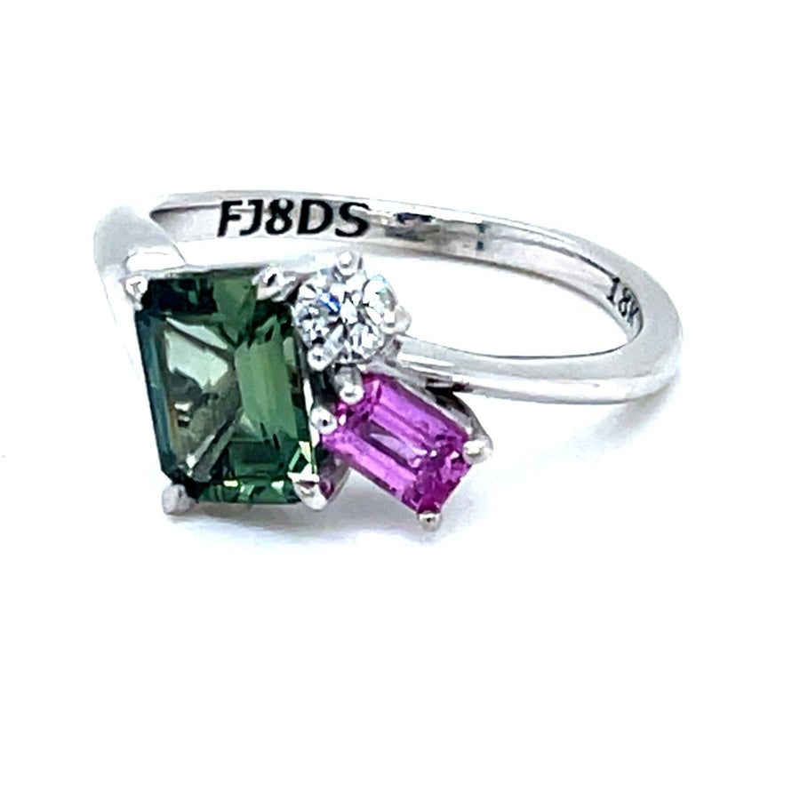 Trilogy Pink and Green Sapphire Diamond Ring - ForeverJewels Design Studio 8