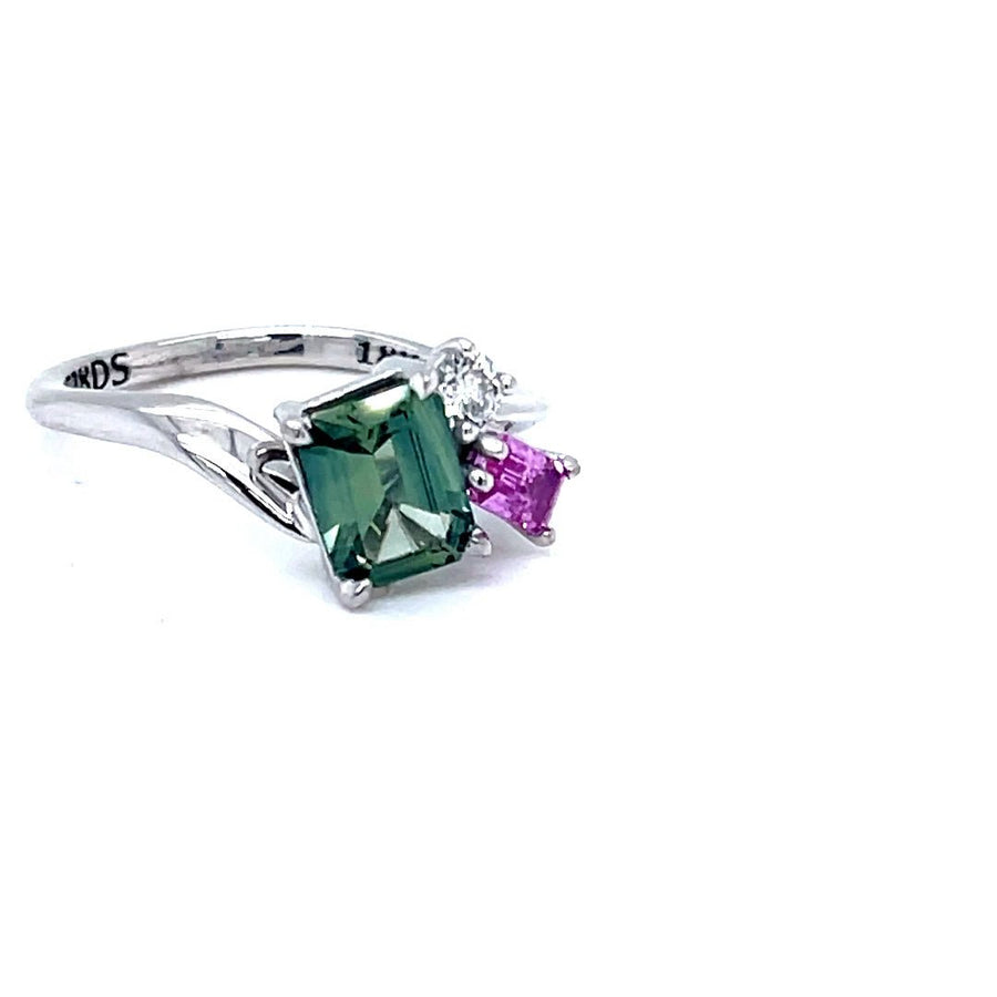 Trilogy Pink and Green Sapphire Diamond Ring - ForeverJewels Design Studio 8
