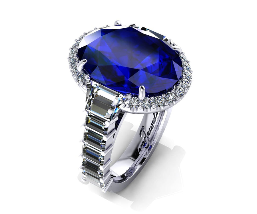 White gold oval tanzanite set with Round Brilliant and emerald cut Diamonds - ForeverJewels Design Studio 8