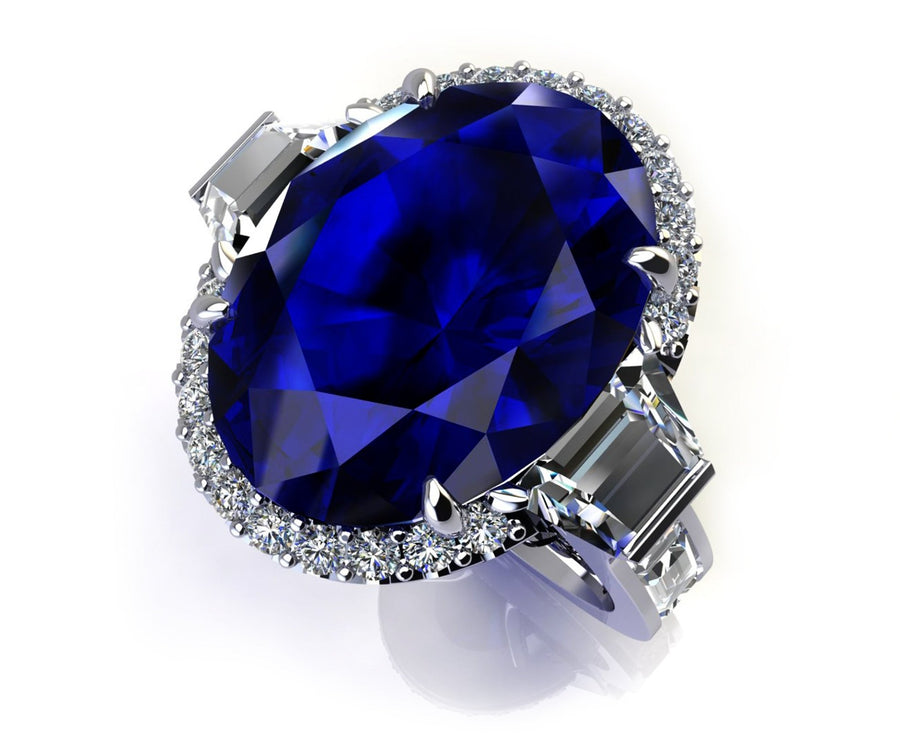 White gold oval tanzanite set with Round Brilliant and emerald cut Diamonds - ForeverJewels Design Studio 8