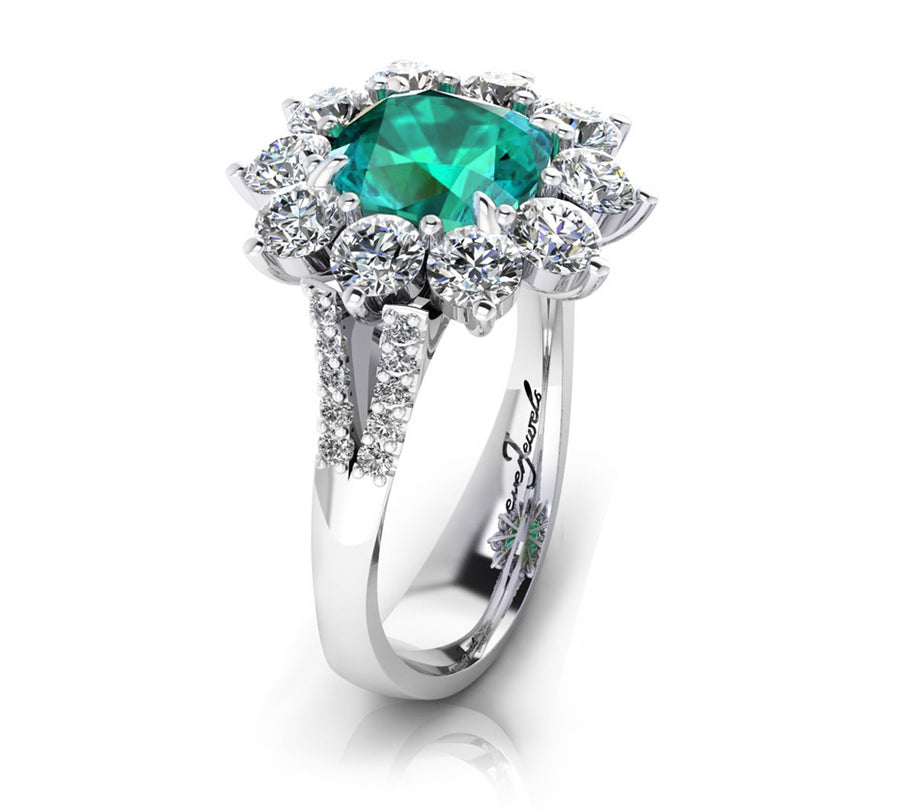 18ct White gold round spinel dress ring with a halo of diamonds