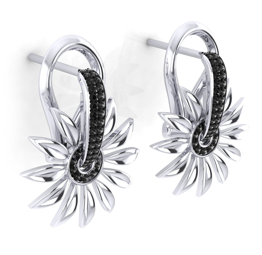 18ct White gold flower earrings with black pave diamonds