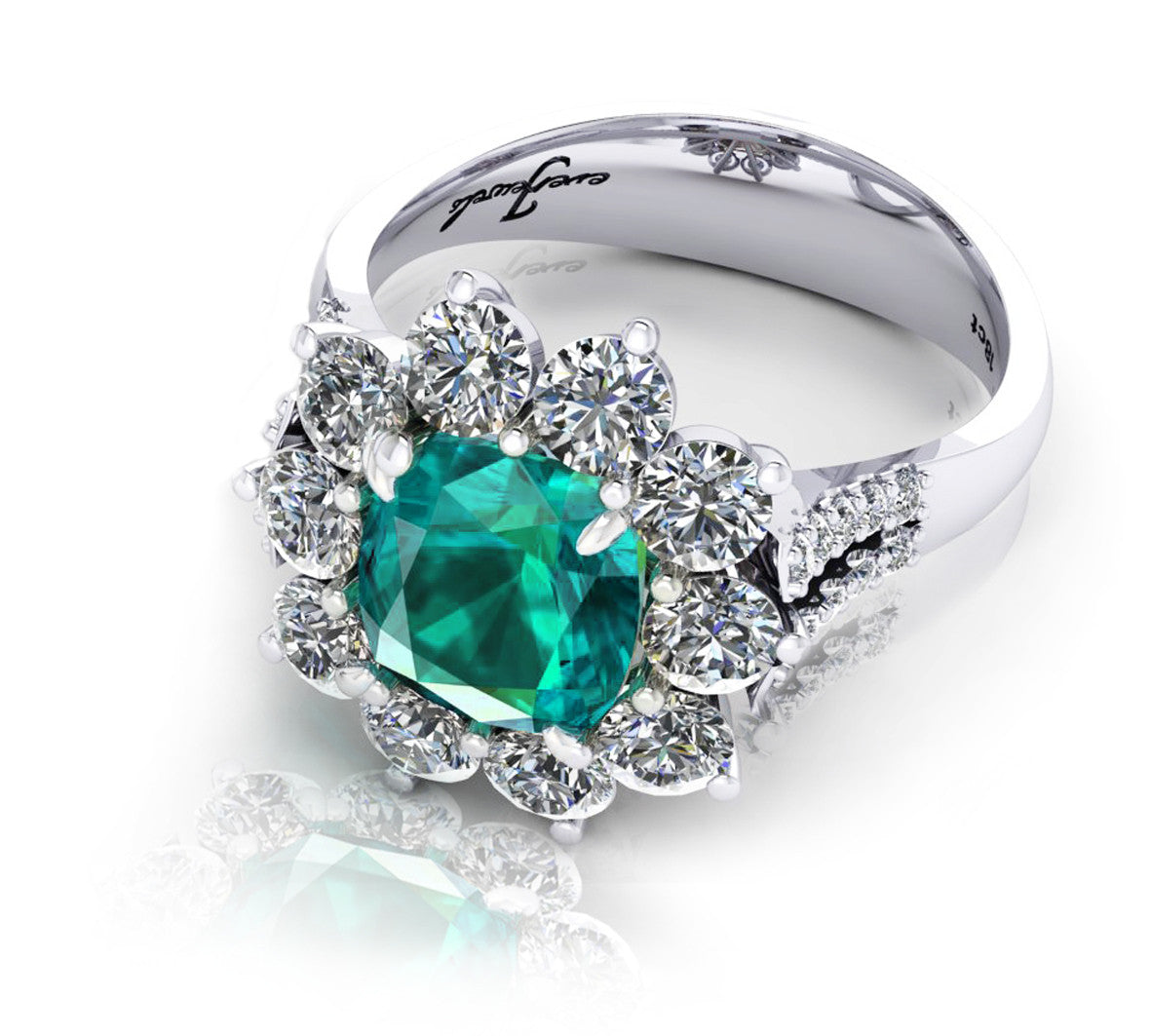 18ct White gold round spinel dress ring with a halo of diamonds
