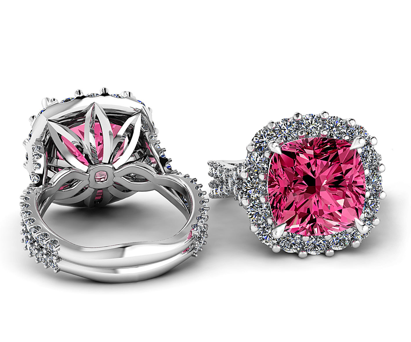 18ct White gold 11ct cushion cut pink tourmaline with halo diamonds dress ring