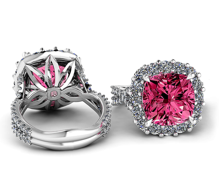 18ct White gold 11ct cushion cut pink tourmaline with halo diamonds dress ring