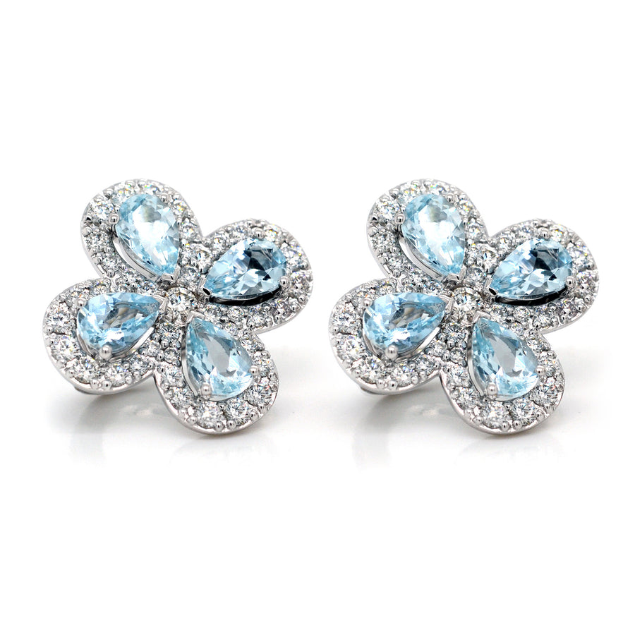 Pear Cut Aquamarine Flower Earrings with Diamonds
