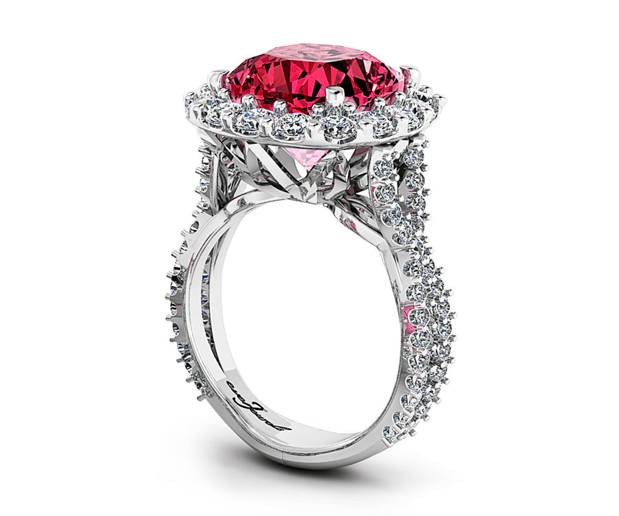 18ct White gold 11ct cushion cut pink tourmaline with halo diamonds dress ring