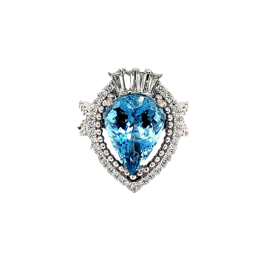 Pear shaped Aquamarine and Diamond Halo Ring