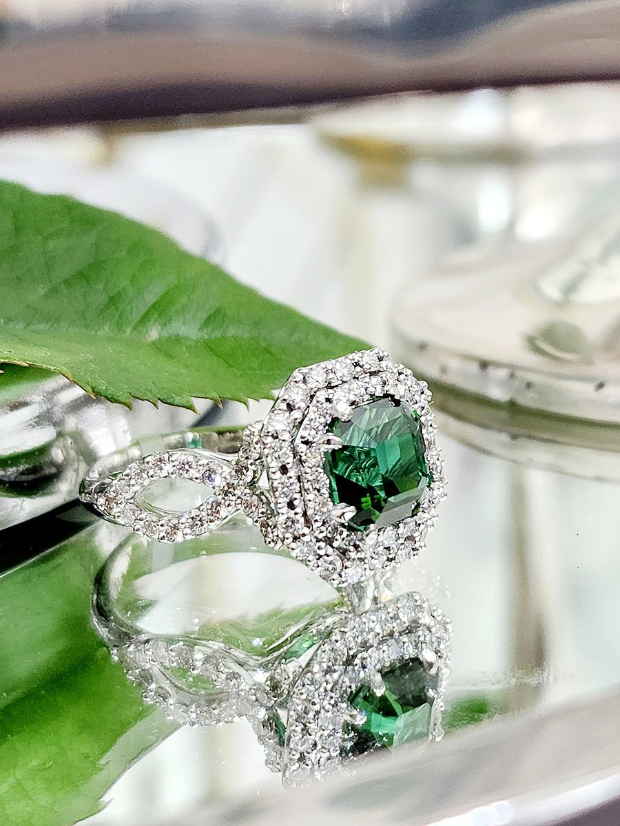 Green Tourmaline and Diamond Halo Ring