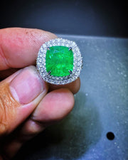 9.63 ct Green Emerald and Double Diamond Halo Ring