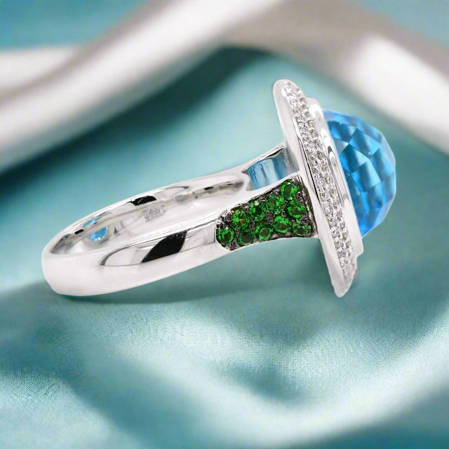 18ct Blue Topaz and Diamond Dress Ring with green tsavorites - ForeverJewels Design Studio 8