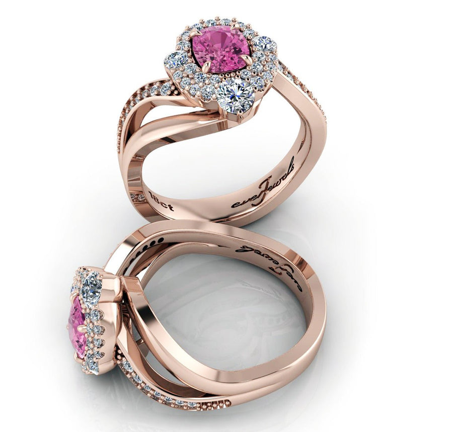 18ct Rose gold cushion cut pink spinel with a halo of pave diamonds - ForeverJewels Design Studio 8