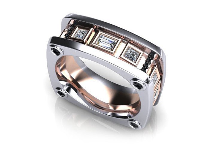 18ct Rose & white gold emerald & princess cut diamond gents ring - ForeverJewels Design Studio 8