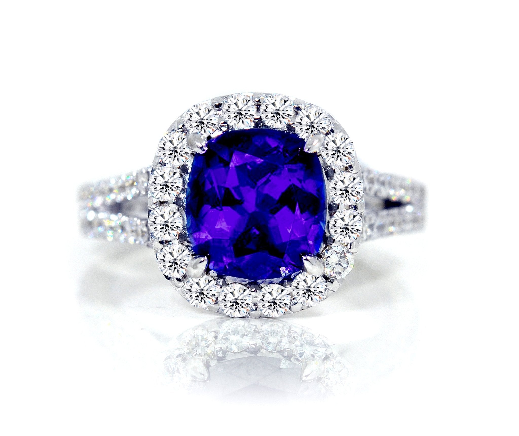 18ct White gold cushion cut tanzanite ring with a halo of diamonds - ForeverJewels Design Studio 8