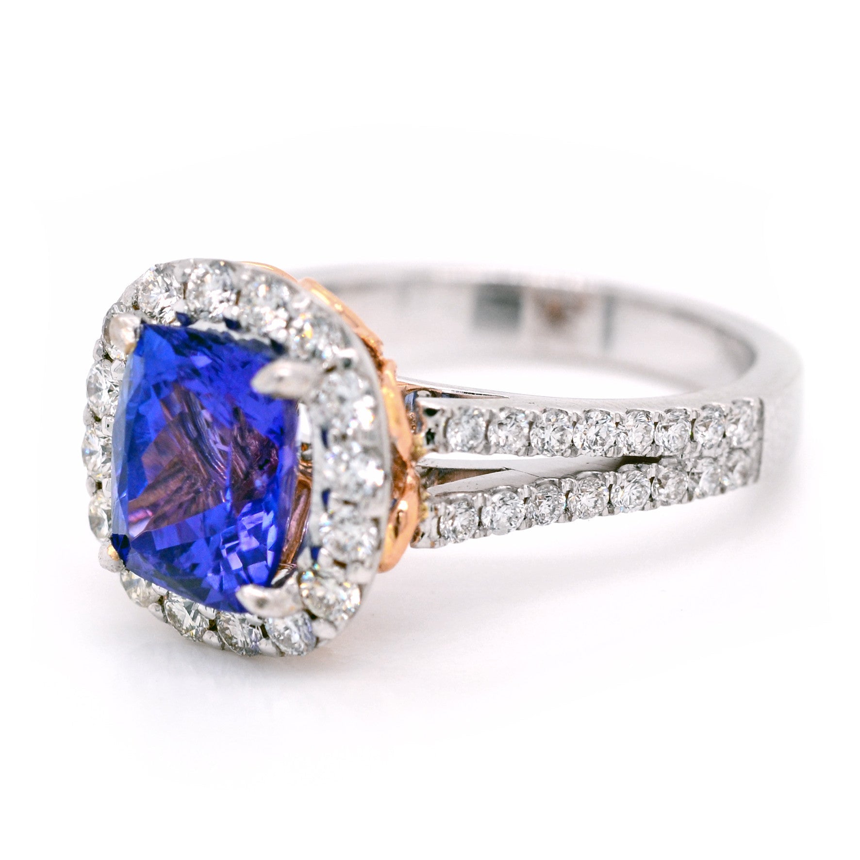 18ct White gold cushion cut tanzanite ring with a halo of diamonds - ForeverJewels Design Studio 8