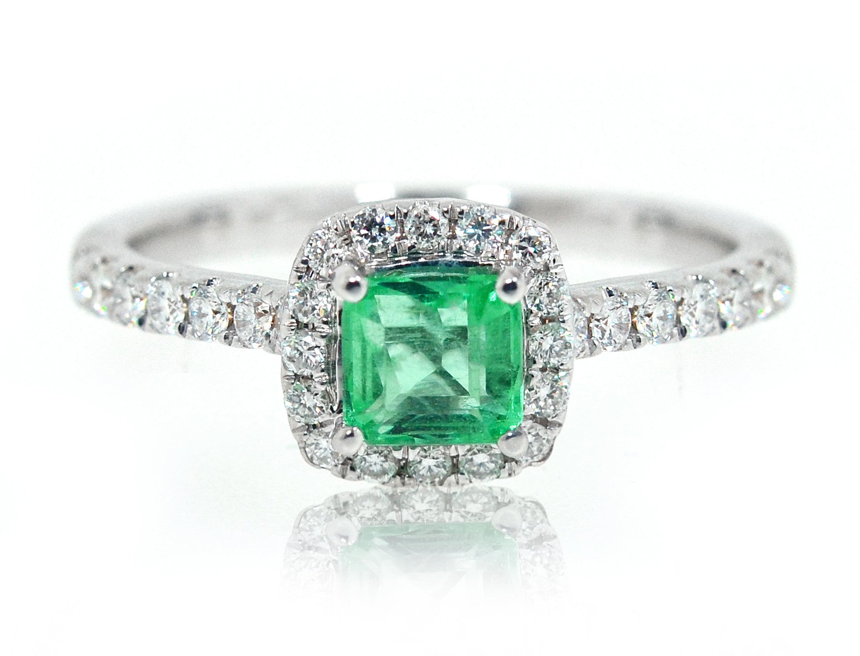 18ct White gold cushion green emerald ring with a halo of diamonds - ForeverJewels Design Studio 8