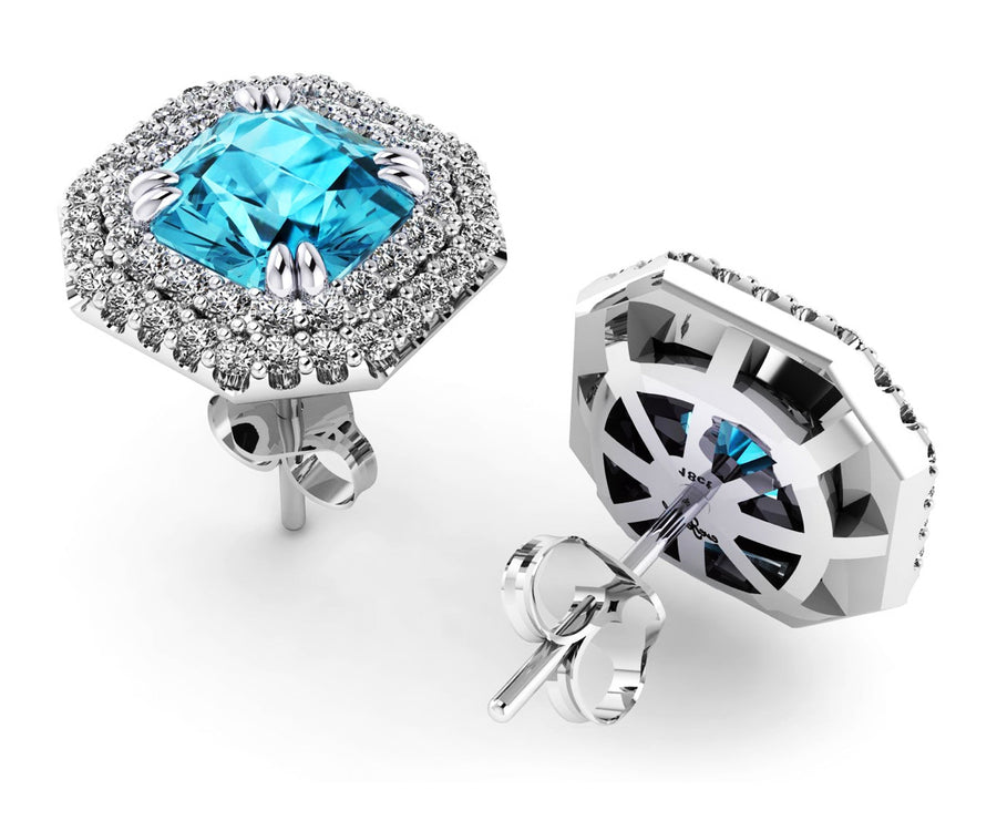 18ct White gold double diamond halo blue zircon stud earrings - ForeverJewels Design Studio 8
