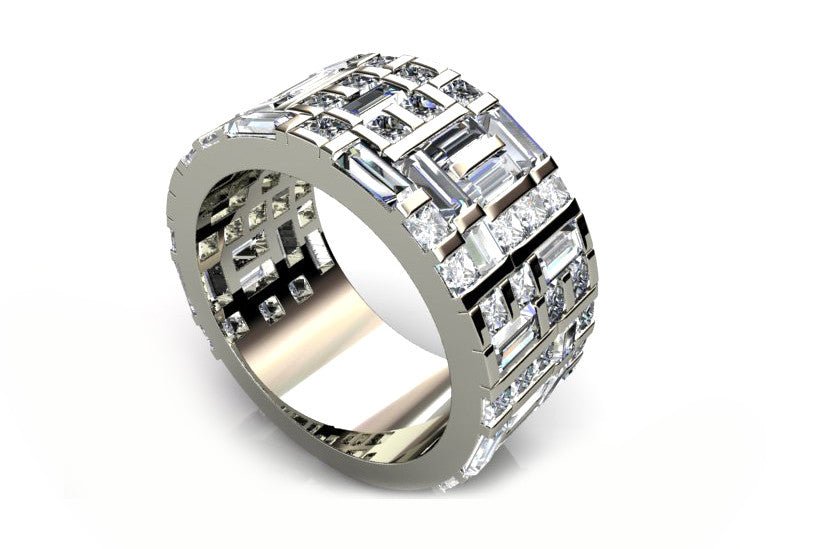 18ct White gold emerald and round brilliant diamond wide ring - ForeverJewels Design Studio 8