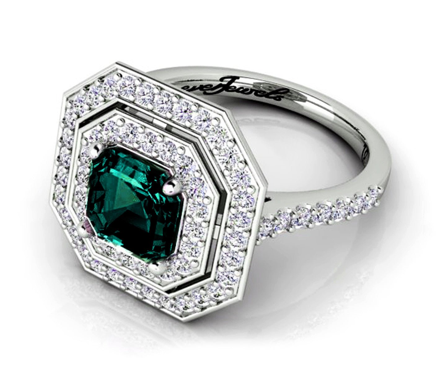 18ct White gold octagon teal sapphire with a double halo of diamonds dress ring - ForeverJewels Design Studio 8