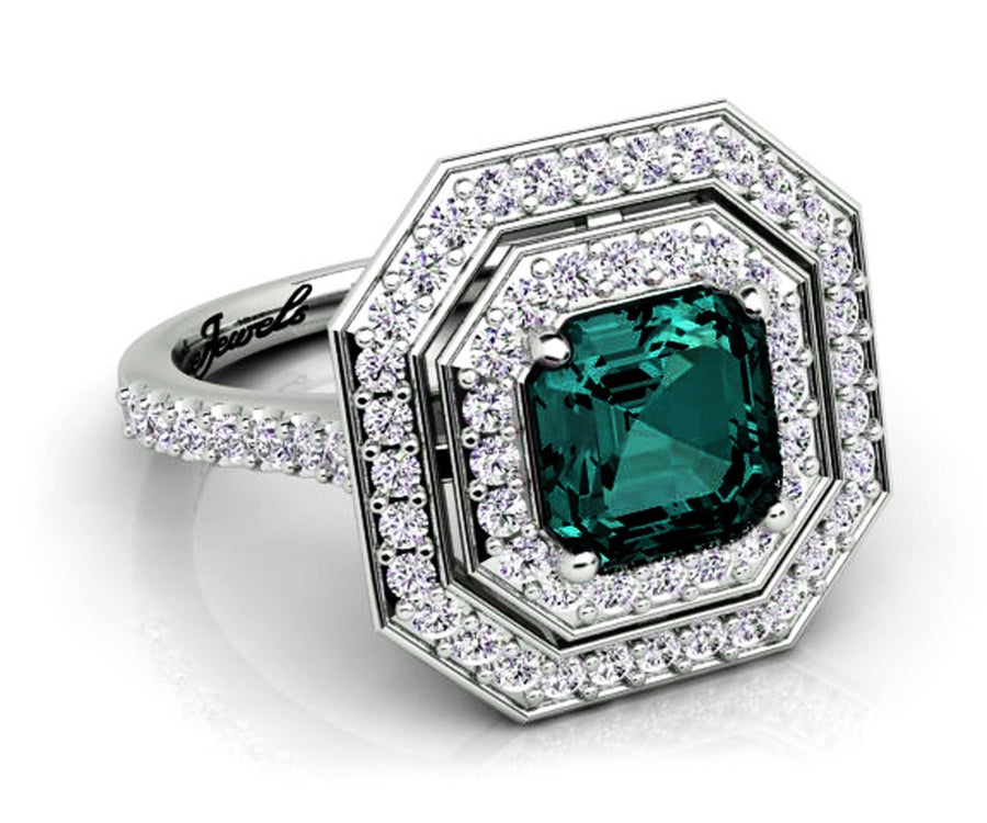 18ct White gold octagon teal sapphire with a double halo of diamonds dress ring - ForeverJewels Design Studio 8