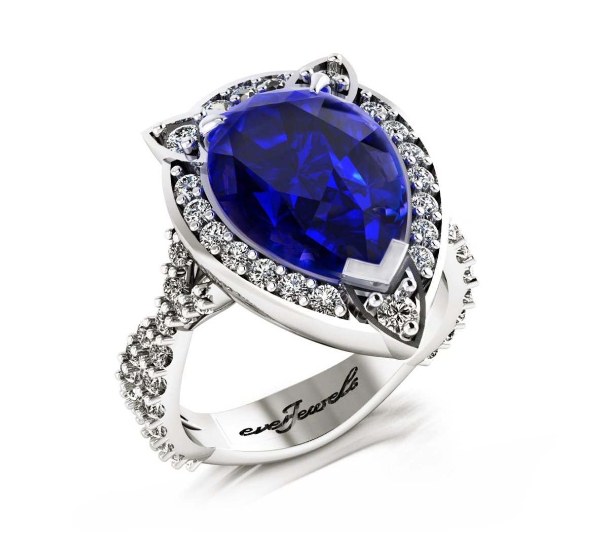 18ct White gold pear cut deep blue tanzanite ring with a halo of diamonds - ForeverJewels Design Studio 8