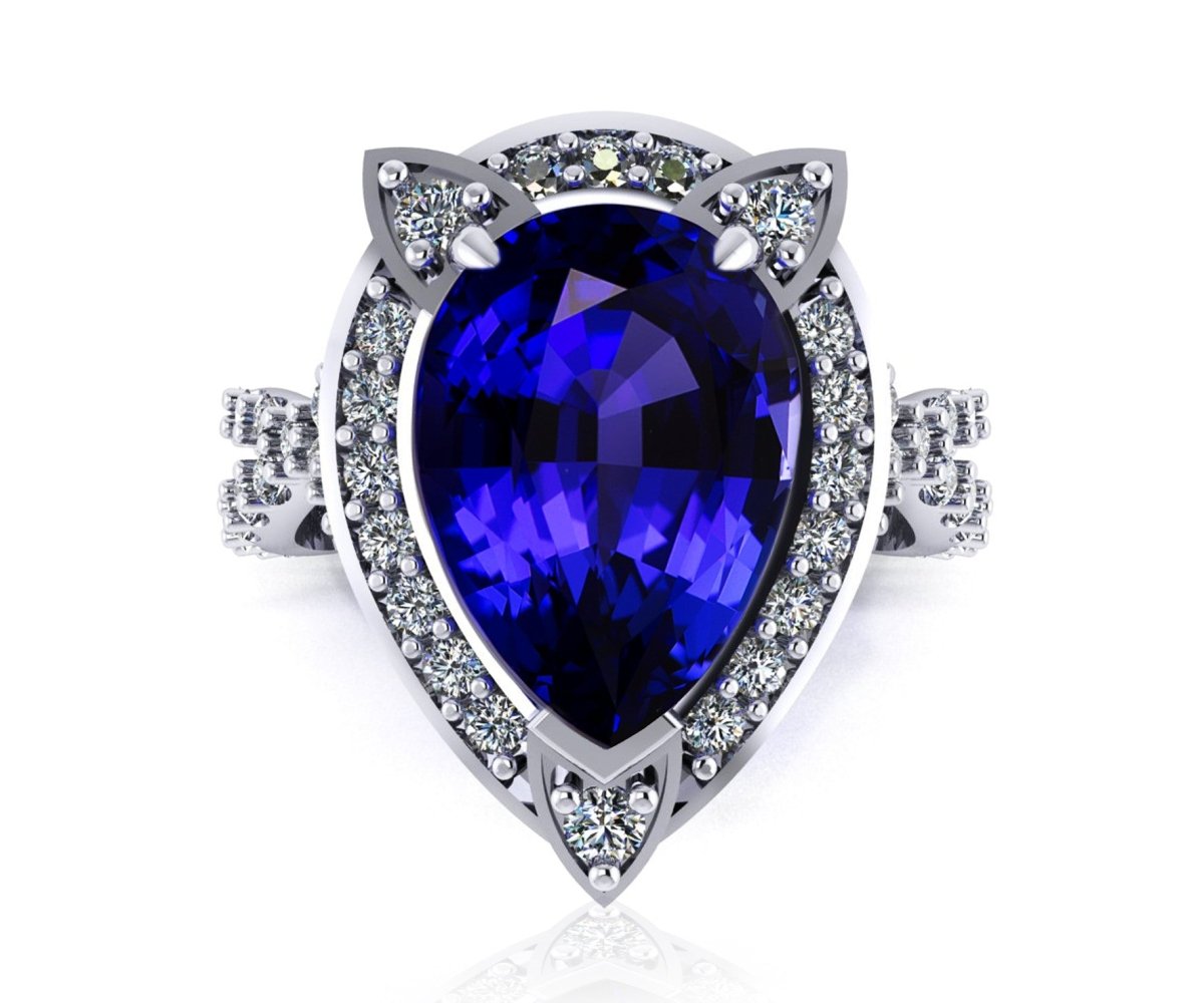 18ct White gold pear cut deep blue tanzanite ring with a halo of diamonds - ForeverJewels Design Studio 8