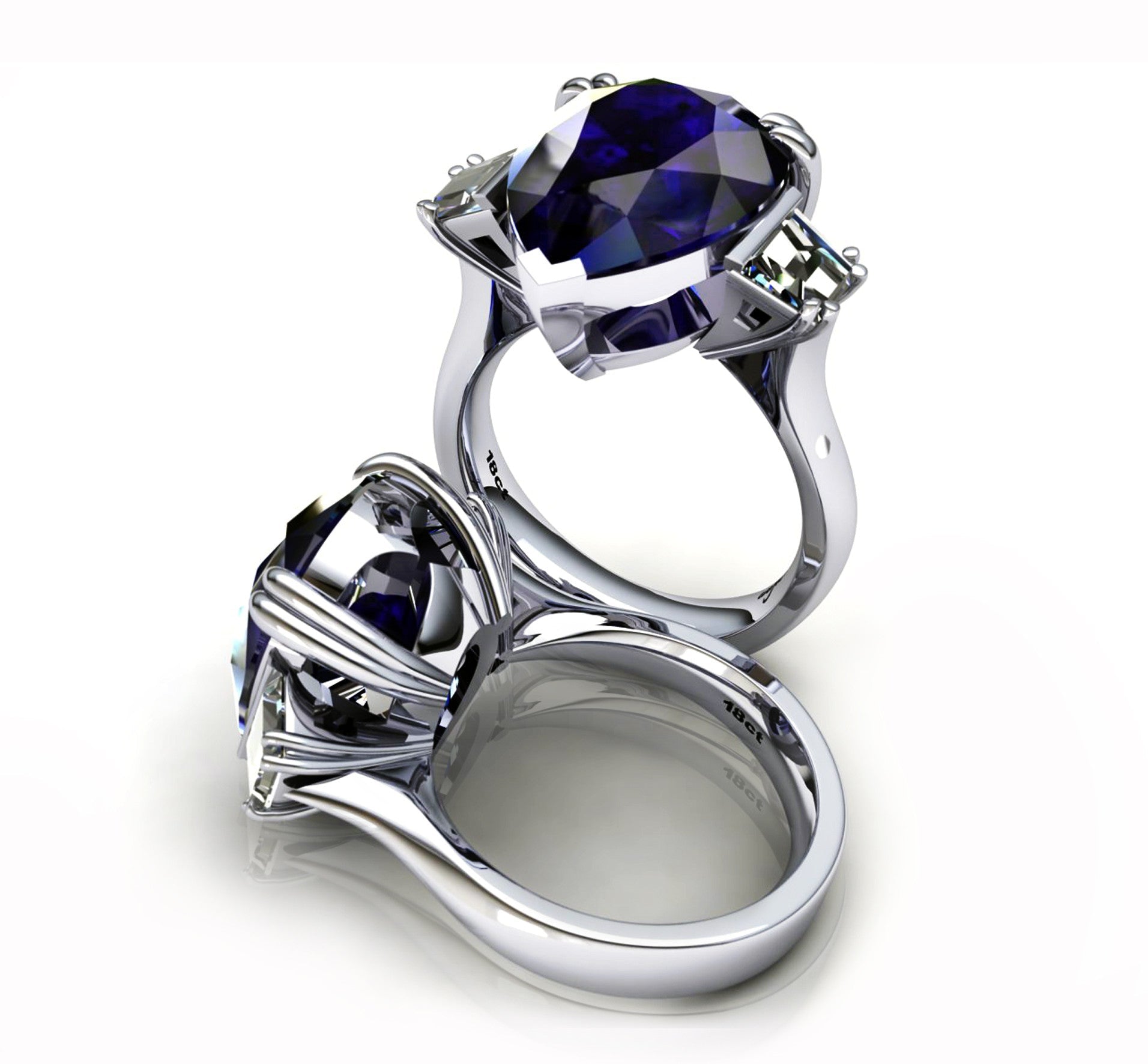 18ct White Gold Pear Cut Tanzanite Ring with Two Trapezoid Diamonds - ForeverJewels Design Studio 8