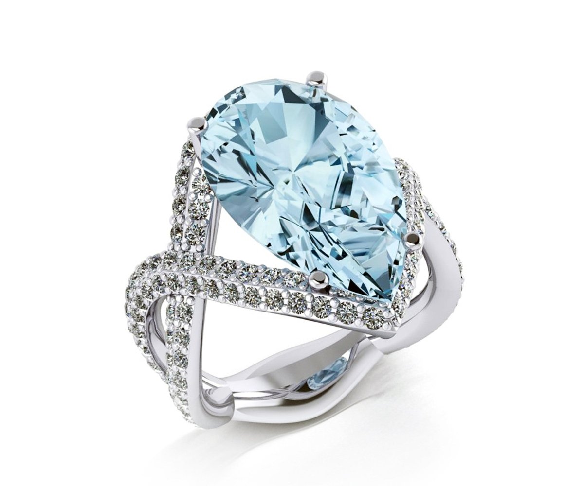 18k White gold tear drop cut aquamarine dress diamond ring - ForeverJewels Design Studio 8