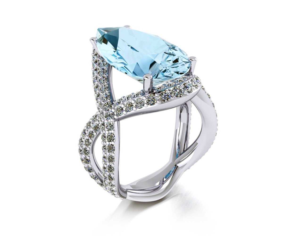 18k White gold tear drop cut aquamarine dress diamond ring - ForeverJewels Design Studio 8