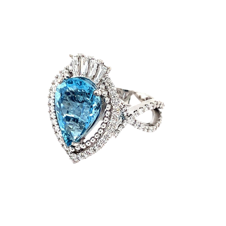 Pear shaped Aquamarine and Diamond Halo Ring