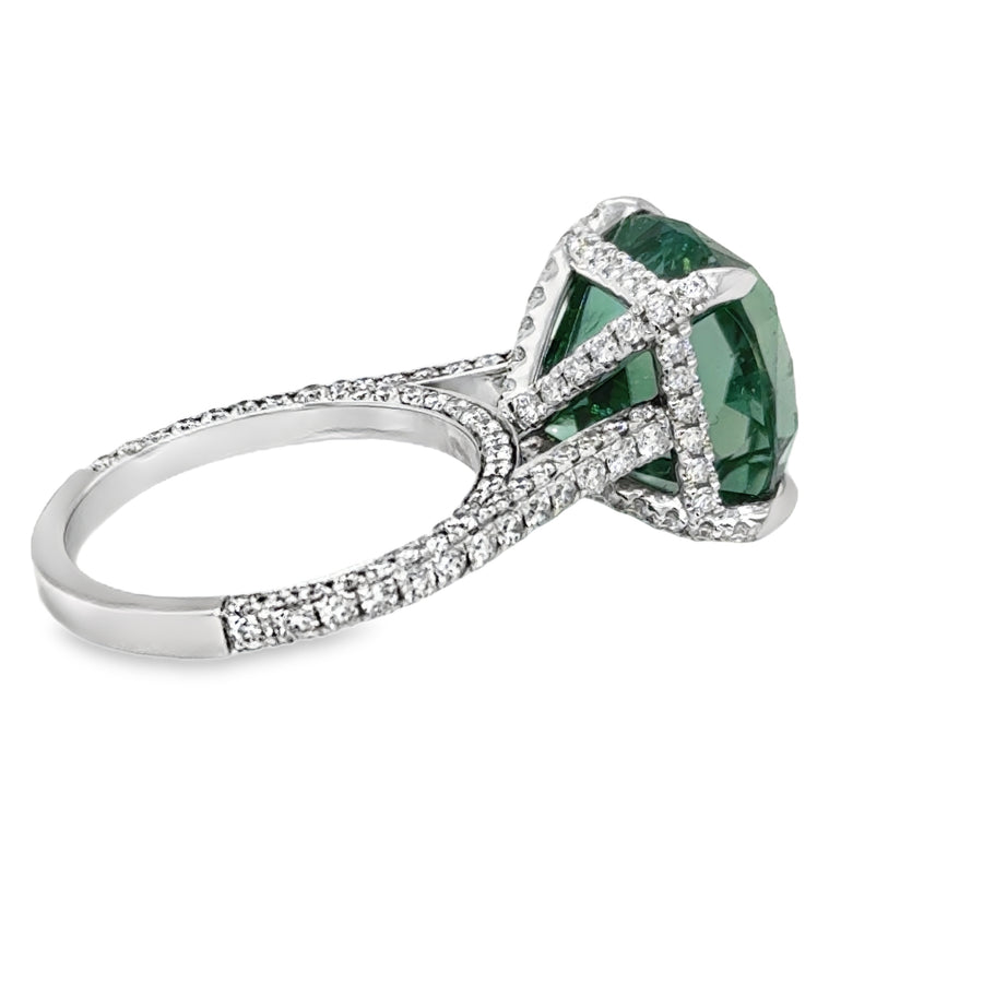 Cushion Green Tourmaline and Diamond Pave Ring