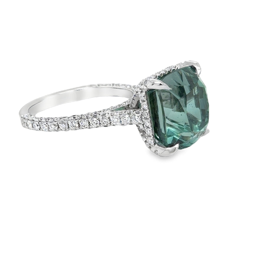 Cushion Green Tourmaline and Diamond Pave Ring