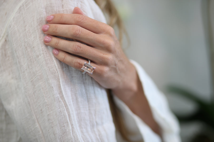 Emerald Cut Peach Morganite & Diamond Ring