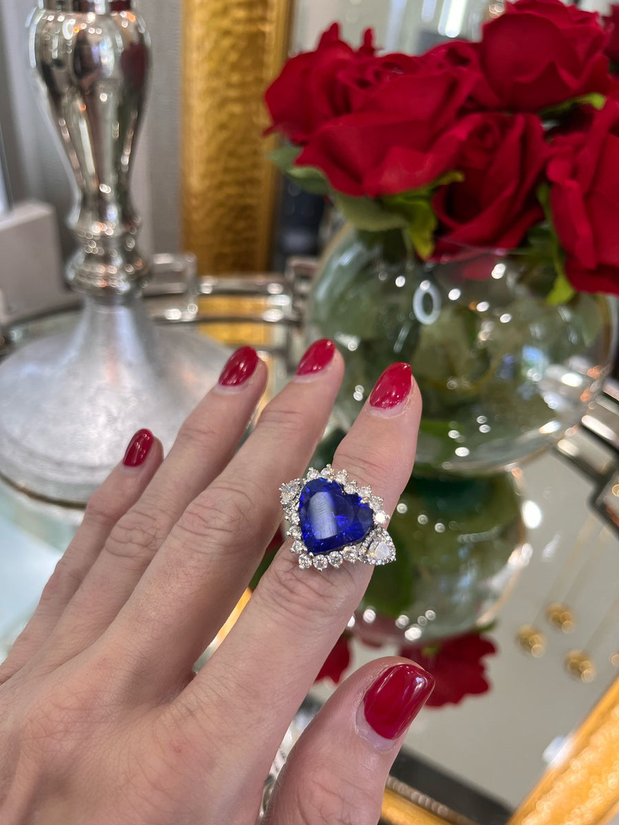 Heart shaped Tanzanite and Diamond Halo Ring