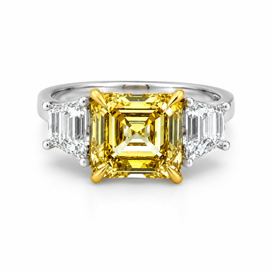 5.01ct Fancy Yellow Asscher Cut Trilogy Ring