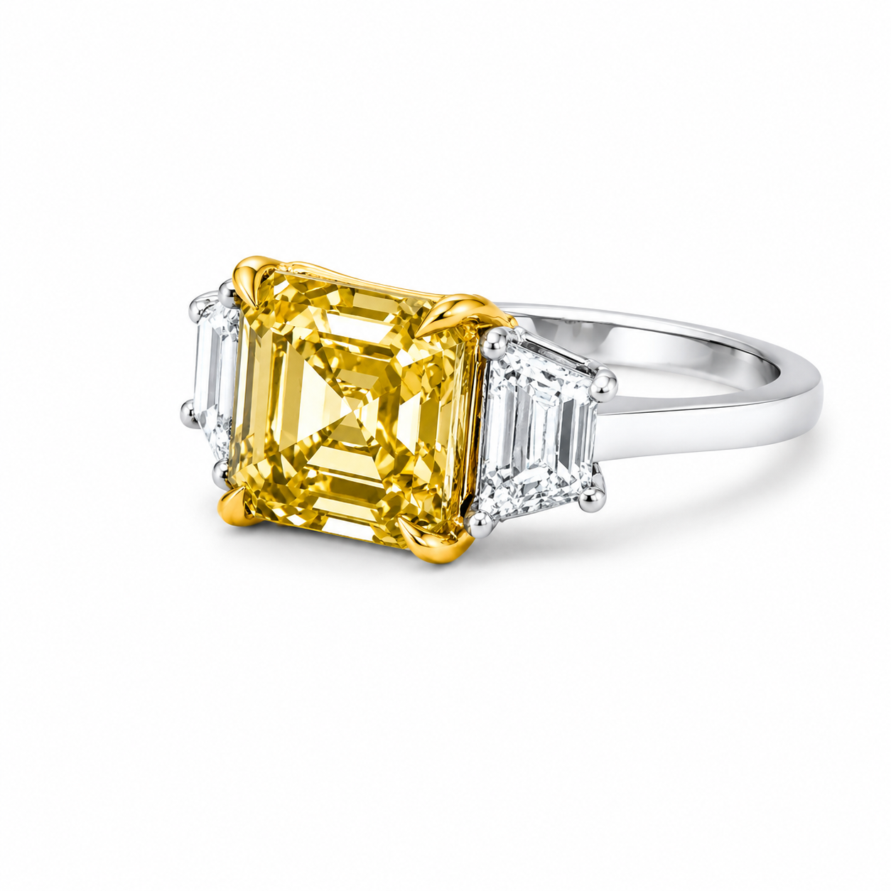 5.01ct Fancy Yellow Asscher Cut Trilogy Ring