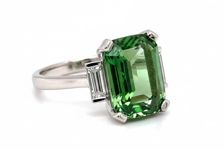 Green Tourmaline & Baguette Diamonds Trilogy Ring