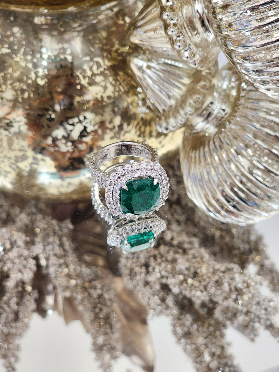 9.63 ct Green Emerald and Double Diamond Halo Ring