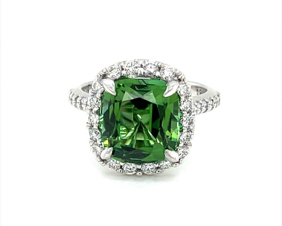 Apple Green Tourmaline and Diamond Halo Ring