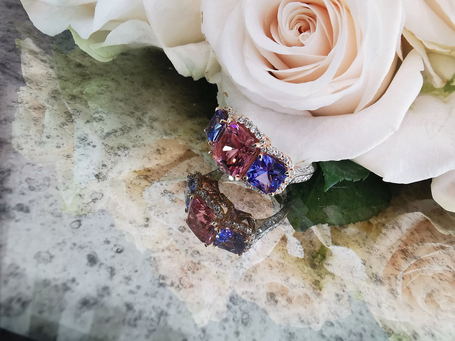 TRILOGY TANZANITE PINK TOURMALINE AND DIAMOND RING